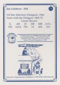 1989 Los Angeles Dodgers Greats Smokey #71 Jim Lefebvre Back