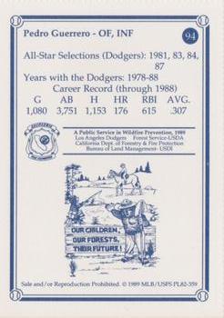 1989 Los Angeles Dodgers Greats Smokey #94 Pedro Guerrero Back