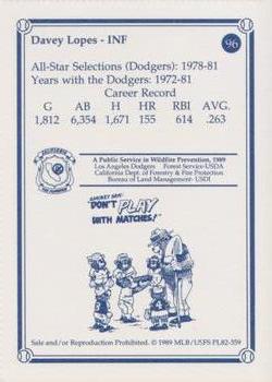 1989 Los Angeles Dodgers Greats Smokey #96 Davey Lopes Back