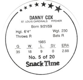 1986 KAS St. Louis Cardinals Discs #5 Danny Cox Back