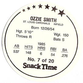 1986 KAS St. Louis Cardinals Discs #7 Ozzie Smith Back