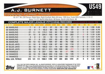 2012 Topps Update - Orange #US49 A.J. Burnett Back