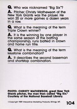 1990 Interpretive Marketing Baseball Wit #104 Christy Mathewson Back