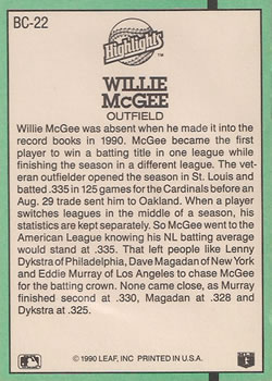 1991 Donruss - Bonus Cards #BC-22 Willie McGee Back