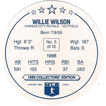 1989 Taystee Kansas City Royals Discs #5 Willie Wilson Back
