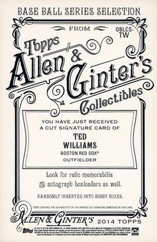 2014 Topps Allen & Ginter - Box Topper Cut Signatures #OBLCS-TW Ted Williams Back