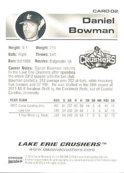 2013 Choice Lake Erie Crushers #2 Daniel Bowman Back