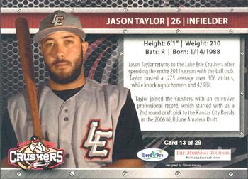 2012 Weed Pro Morning Journal Lake Erie Crushers #13 Jason Taylor Back