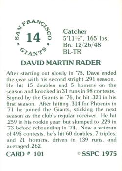 1976 SSPC #101 Dave Rader Back