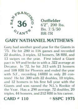 1976 SSPC #110 Gary Matthews Back