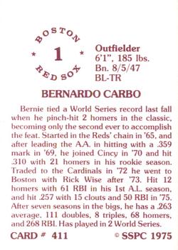1976 SSPC #411 Bernie Carbo Back