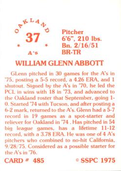 1976 SSPC #485 Glenn Abbott Back