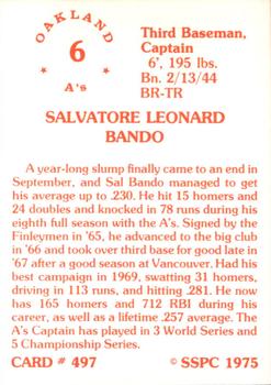1976 SSPC #497 Sal Bando Back