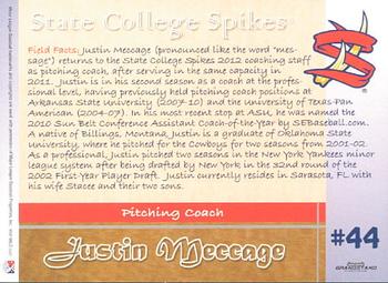 2012 Grandstand State College Spikes #NNO Justin Meccage Back