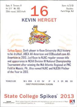 2013 Grandstand State College Spikes #11 Kevin Herget Back