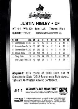 2014 Choice Vermont Lake Monsters #11 Justin Higley Back
