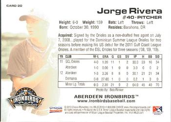 2013 Choice Aberdeen IronBirds #20 Jorge Rivera Back