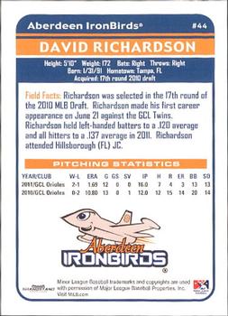 2012 Grandstand Aberdeen IronBirds #24 David Richardson Back