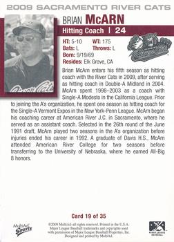 2009 MultiAd Sacramento River Cats #19 Brian McArn Back