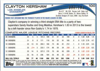 2014 Topps Chrome - Blue Refractors #100 Clayton Kershaw Back