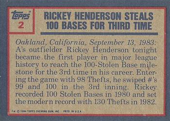 1984 Topps #2 Rickey Henderson Back