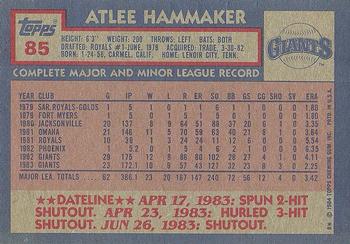 1984 Topps #85 Atlee Hammaker Back