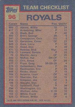 1984 Topps #96 Royals Leaders / Checklist (Hal McRae / Larry Gura) Back