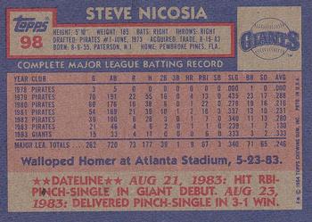 1984 Topps #98 Steve Nicosia Back