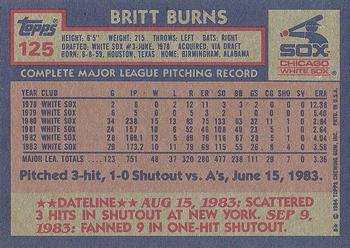 1984 Topps #125 Britt Burns Back