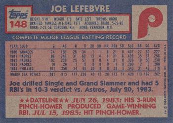 1984 Topps #148 Joe Lefebvre Back