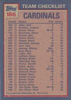 1984 Topps #186 Cardinals Leaders / Checklist (Lonnie Smith / John Stuper) Back