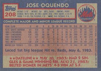 1984 Topps #208 Jose Oquendo Back