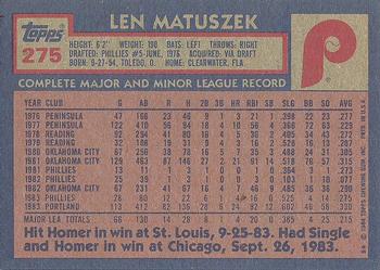 1984 Topps #275 Len Matuszek Back