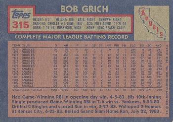 1984 Topps #315 Bob Grich Back