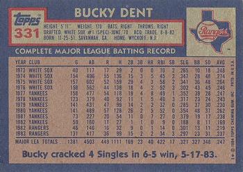 1984 Topps #331 Bucky Dent Back