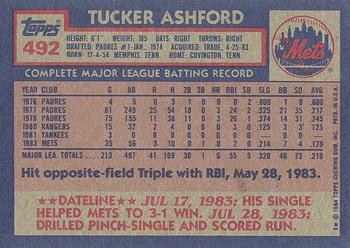 1984 Topps #492 Tucker Ashford Back