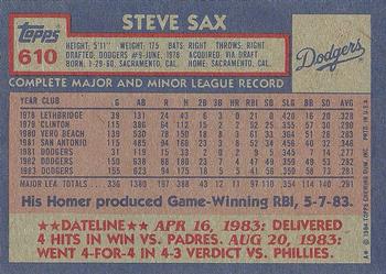 1984 Topps #610 Steve Sax Back