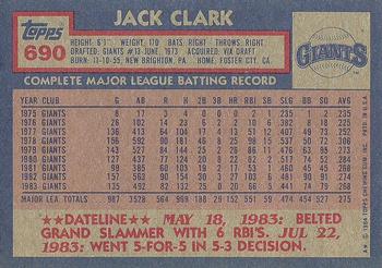 1984 Topps #690 Jack Clark Back