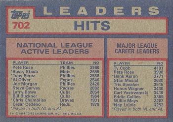 1984 Topps #702 NL Active Career Hit Leaders (Pete Rose / Rusty Staub / Tony Perez) Back