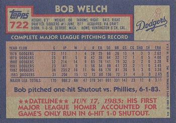 1984 Topps #722 Bob Welch Back