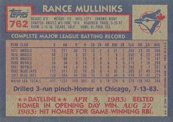 1984 Topps #762 Rance Mulliniks Back