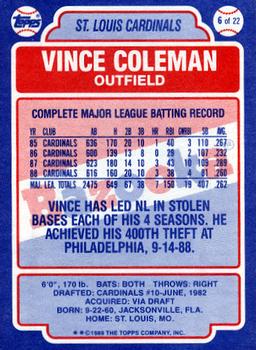 1989 Topps Bazooka #6 Vince Coleman Back