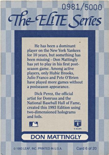 1993 Donruss - The Elite Series Supers (Update Jumbo) #6 Don Mattingly Back