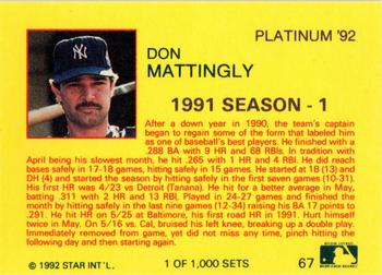 1992 Star Platinum #67 Don Mattingly Back