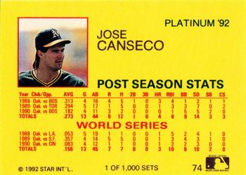 1992 Star Platinum #74 Jose Canseco Back