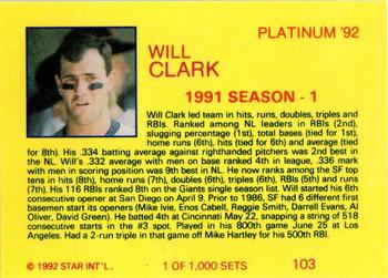 1992 Star Platinum #103 Will Clark Back