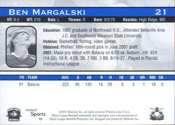2002 MultiAd Lakewood BlueClaws #15 Ben Margalski Back