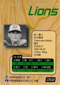 1998 CPBL T-Point Traditional Card Series #058 Takamasa Matsui Back