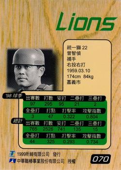 1998 CPBL T-Point Traditional Card Series #070 Chih-Chen Tseng Back