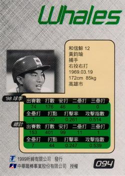 1998 CPBL T-Point Traditional Card Series #094 Chun-Yu Huang Back